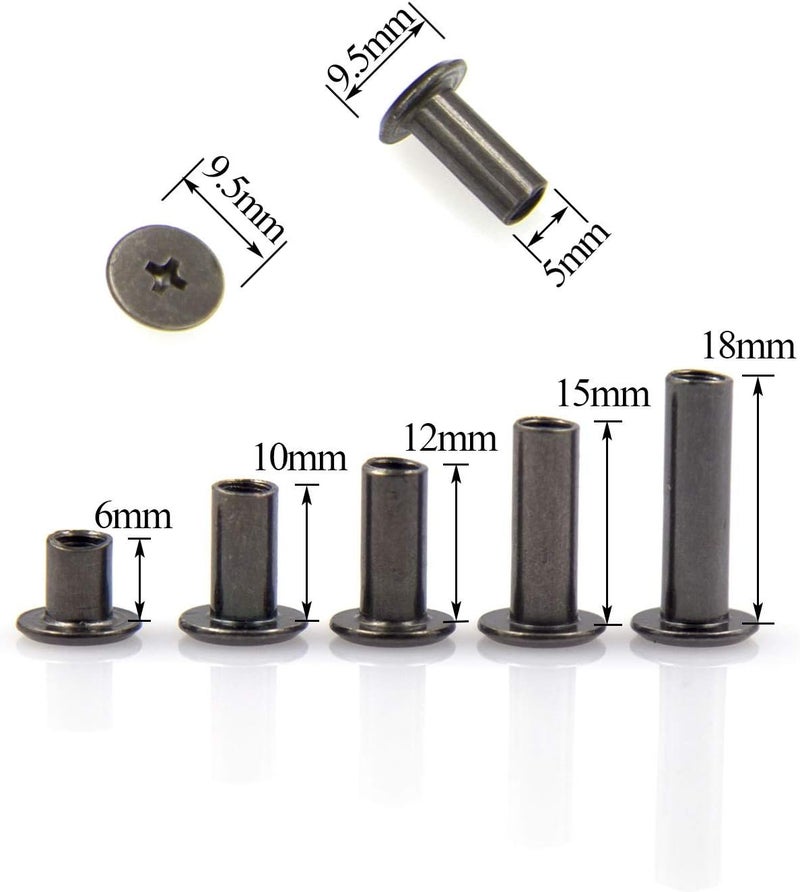 ALLOYPRO 75 Sets Chicago Screws Assorted Kit 5 Size GunMetal Leather Rivets Black Screw Rivets Slotted Phillip Head Book Binding Posts Nail Rivet Chicago Bolt for DIY Leather Craft (5 x 6,10,12,15,18) - Image 2